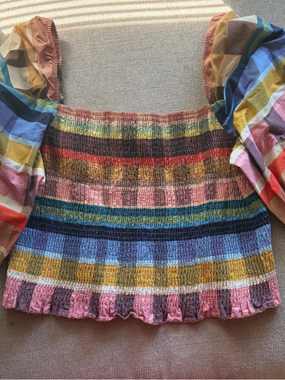 FARM Rio Multicolor Smocked Square-Neck Puff-Sleeve Crop Top